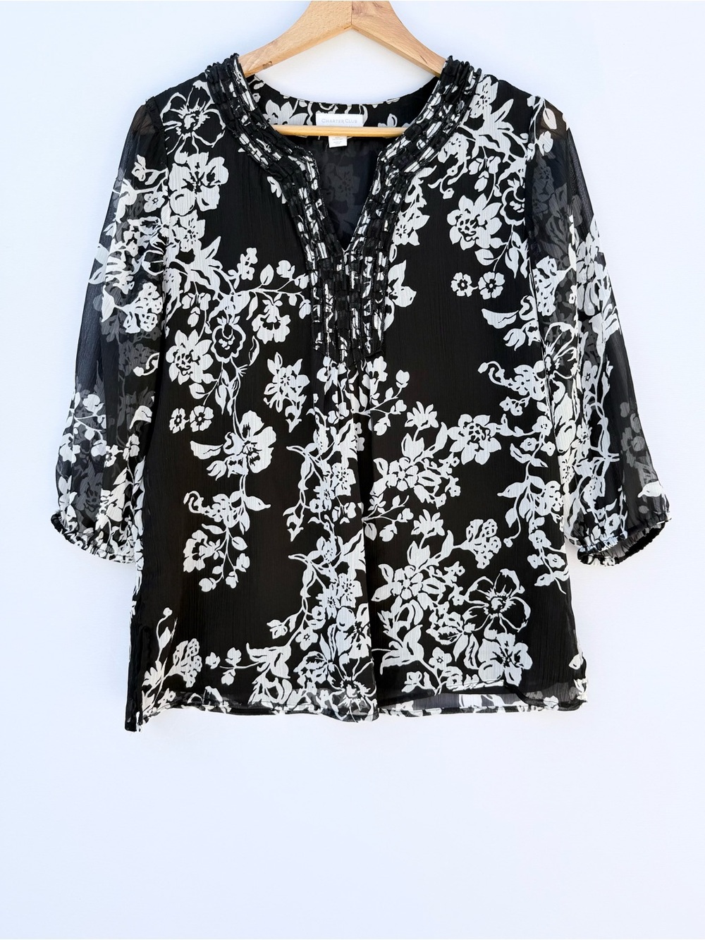 Charter Club Black White Floral Peasant Blouse Semi Sheer Boho Top Size 4 NWOT